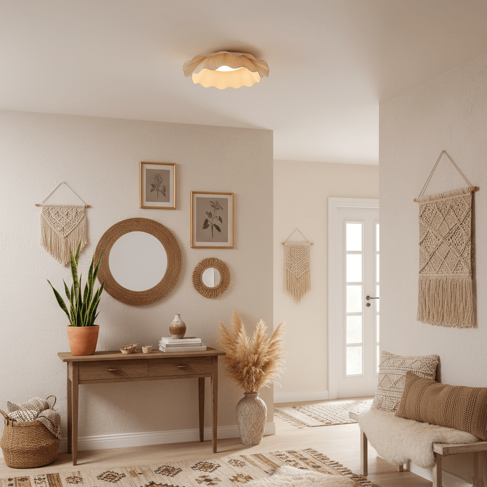 Dimmable LED Flush Mount Light 20 in Beige Fabric Shade Brass Accent for Bedroom Hallway Living Room 3 Color Modes Low Profile Overhead Fixt