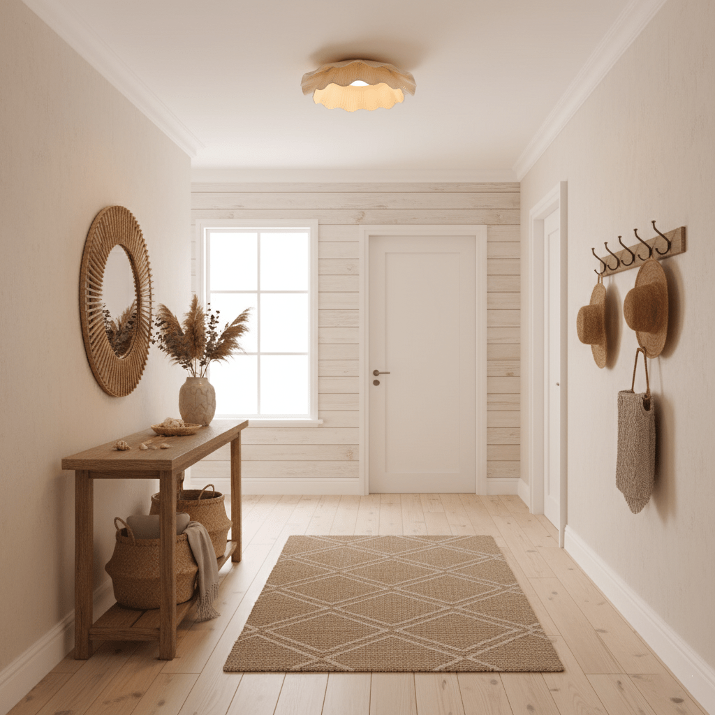 Dimmable LED Flush Mount Light 20 in Beige Fabric Shade Brass Accent for Bedroom Hallway Living Room 3 Color Modes Low Profile Overhead Fixt
