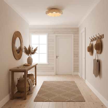 Dimmable LED Flush Mount Light 20 in Beige Fabric Shade Brass Accent for Bedroom Hallway Living Room 3 Color Modes Low Profile Overhead Fixt