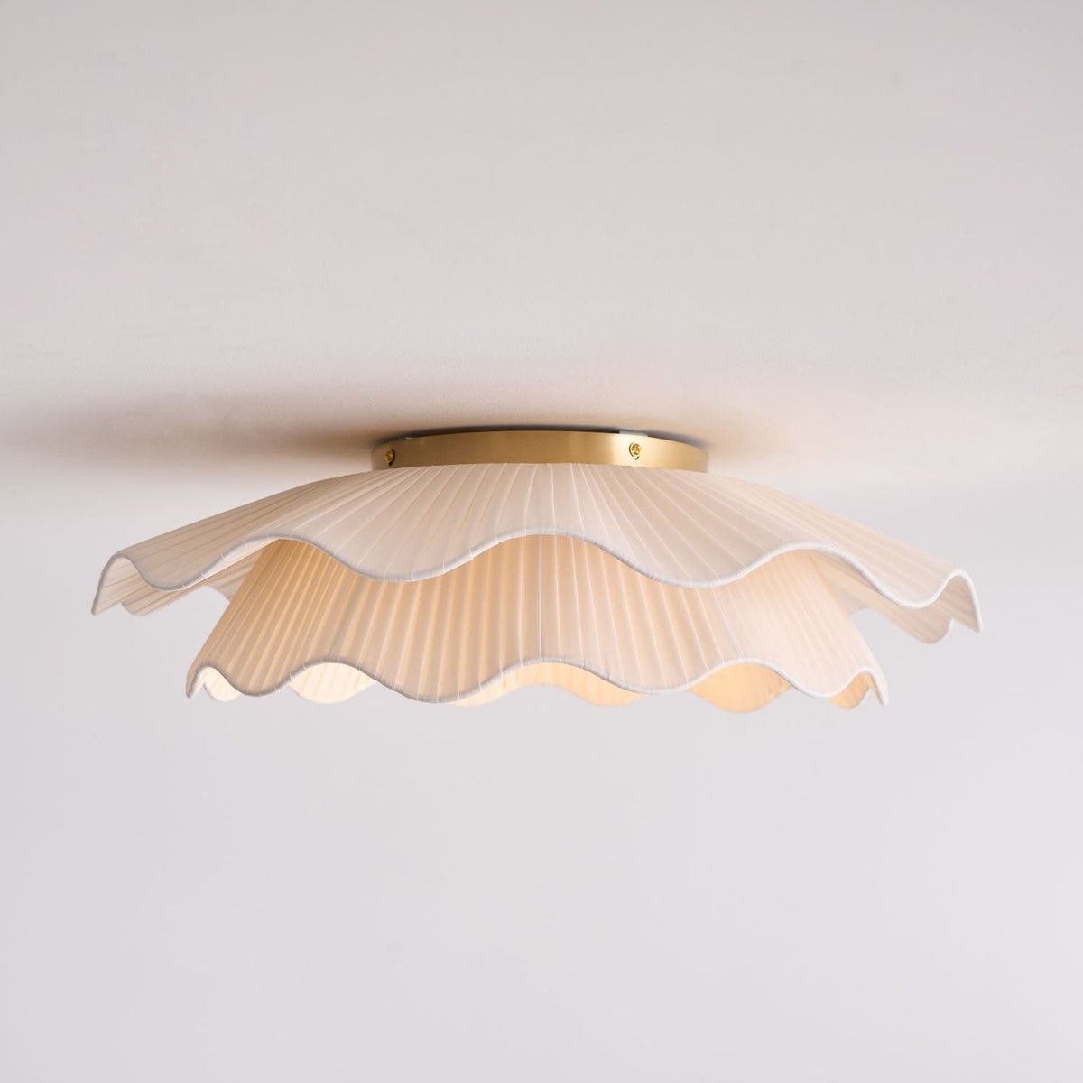 Dimmable LED Flush Mount Light 20 in Beige Fabric Shade Brass Accent for Bedroom Hallway Living Room 3 Color Modes Low Profile Overhead Fixt