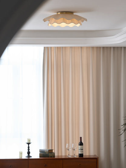 Dimmable LED Flush Mount Light 20 in Beige Fabric Shade Brass Accent for Bedroom Hallway Living Room 3 Color Modes Low Profile Overhead Fixt