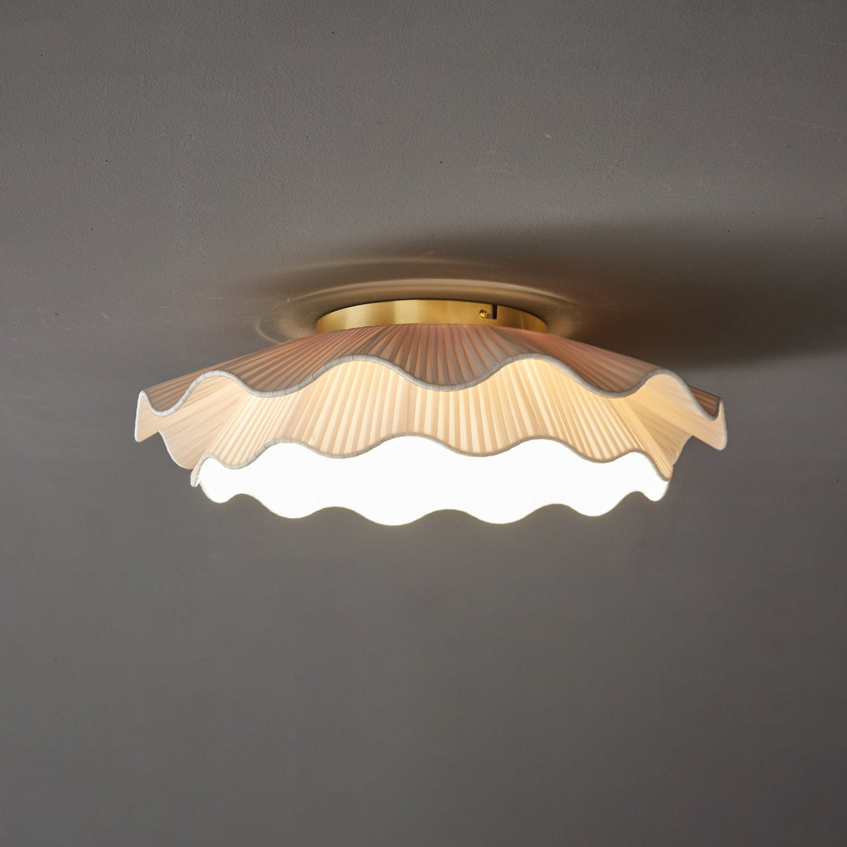 Dimmable LED Flush Mount Light 20 in Beige Fabric Shade Brass Accent for Bedroom Hallway Living Room 3 Color Modes Low Profile Overhead Fixt