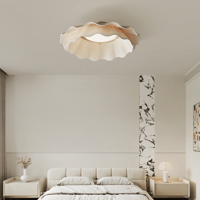 Dimmable LED Flush Mount Light 20 in Beige Fabric Shade Brass Accent for Bedroom Hallway Living Room 3 Color Modes Low Profile Overhead Fixt