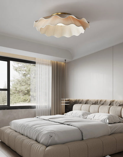 Dimmable LED Flush Mount Light 20 in Beige Fabric Shade Brass Accent for Bedroom Hallway Living Room 3 Color Modes Low Profile Overhead Fixt