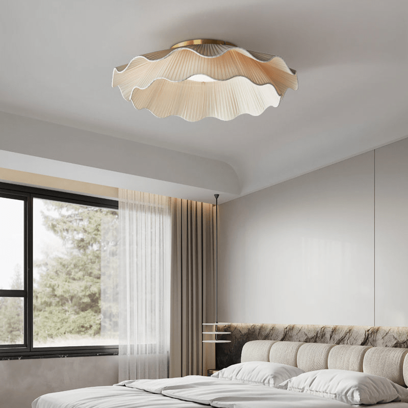 Dimmable LED Flush Mount Light 20 in Beige Fabric Shade Brass Accent for Bedroom Hallway Living Room 3 Color Modes Low Profile Overhead Fixt