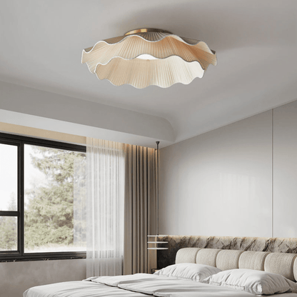 Dimmable LED Flush Mount Light 20 in Beige Fabric Shade Brass Accent for Bedroom Hallway Living Room 3 Color Modes Low Profile Overhead Fixt