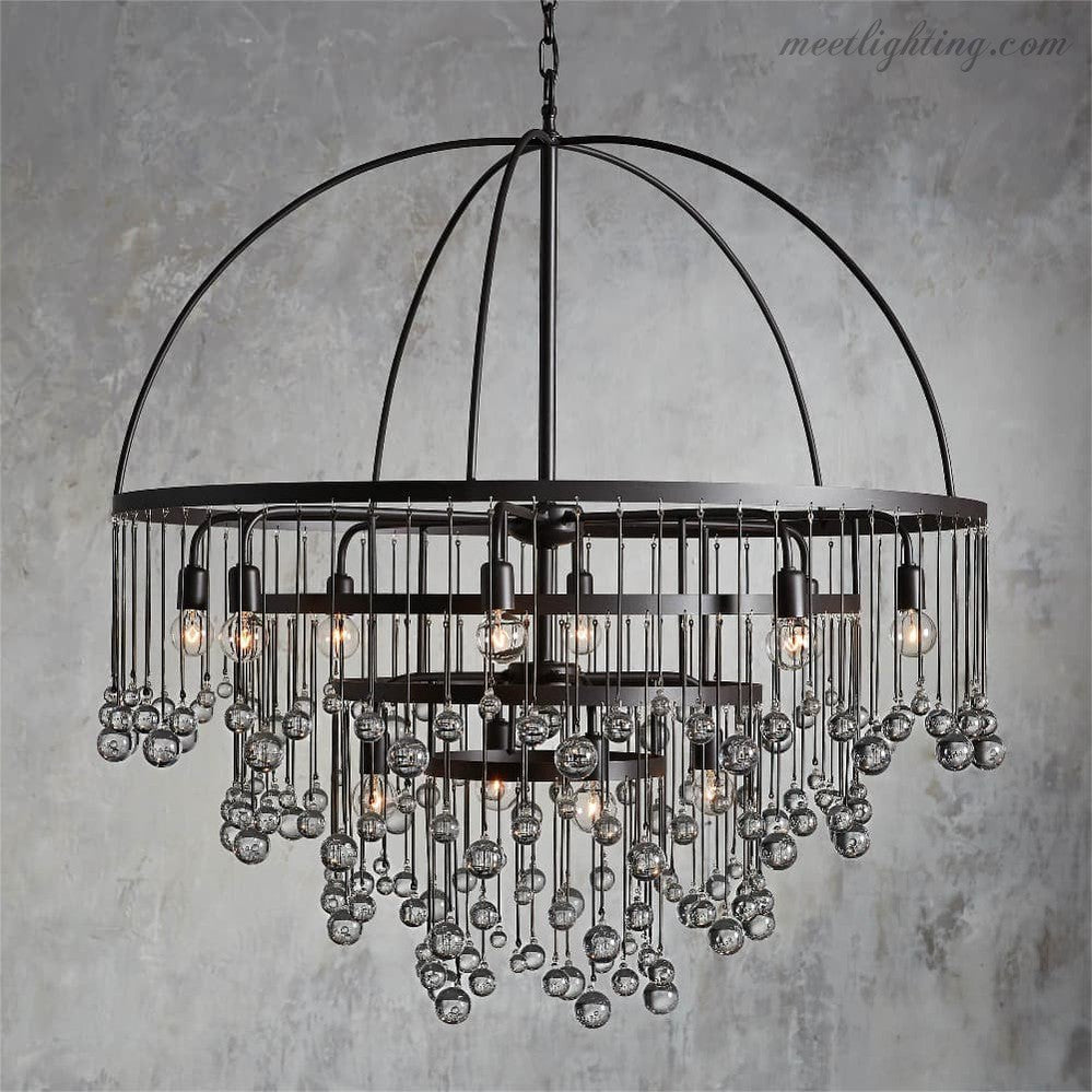 12-Light Hanging Fixture with Stacked Glass Beads in 3 Finishes – Grand Foyer Lighting for High Ceilings