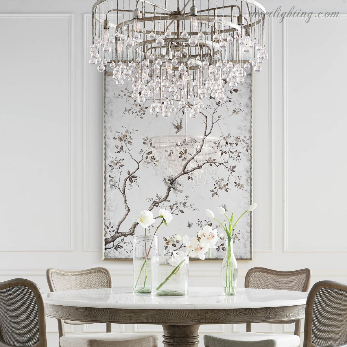 12-Light Hanging Fixture with Stacked Glass Beads in 3 Finishes – Grand Foyer Lighting for High Ceilings