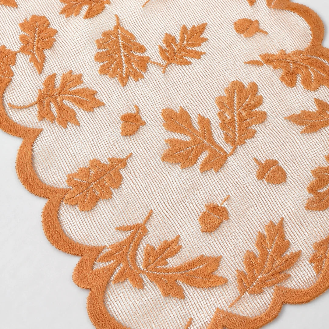 Aurelia Fall Table Runner - Polyester Lace, Rust Red with Leaf Design