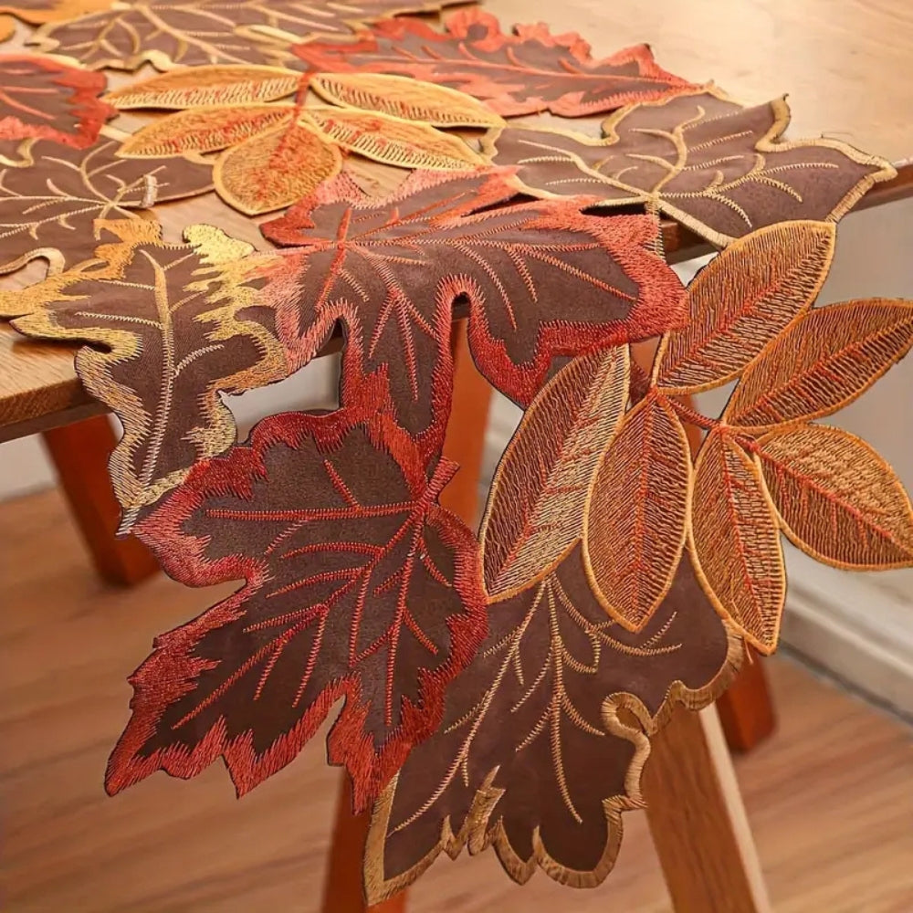 Aurelia Table Runner - Embroidered Autumn Leaves, Woven Microfiber