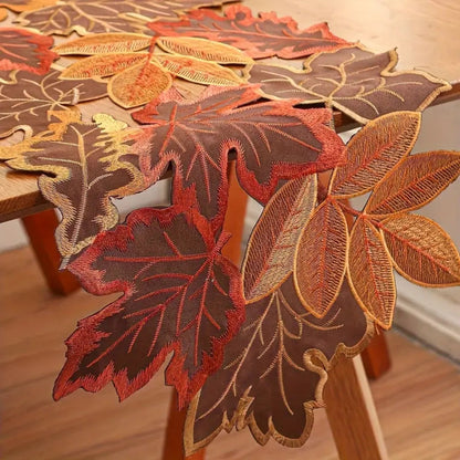 Aurelia Table Runner - Embroidered Autumn Leaves, Woven Microfiber