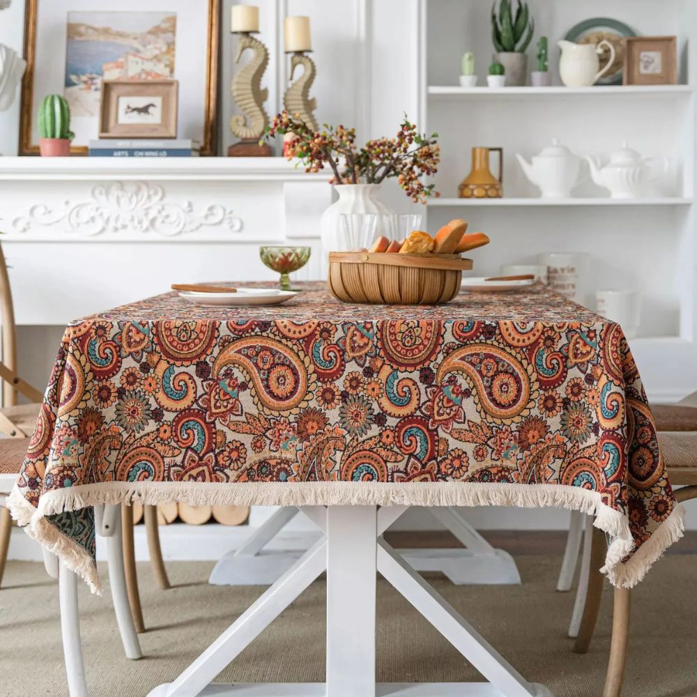 Aurelia Tablecloth - Bohemian Flowers, Microfiber Blend, Fringed Tassel Edges