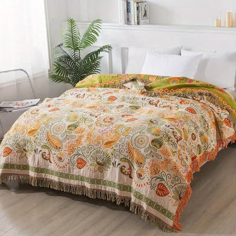 Aurelia Boho Blanket - Reversible Cotton Gauze, Floral Design