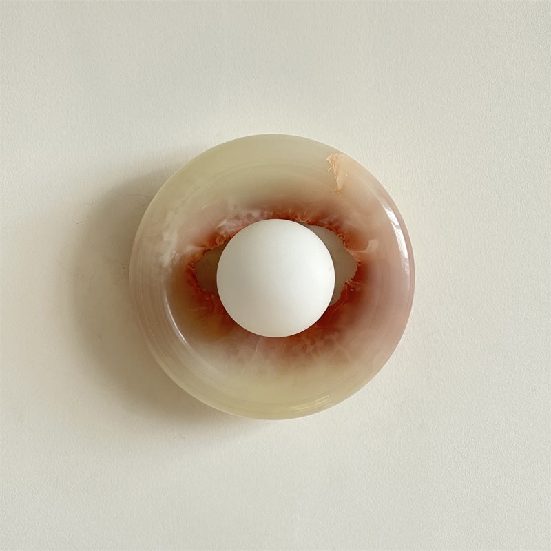Round Glass Sconce with Natural Stone Backplate – 8-Inch Contemporary Fixture for Entryways, Bedrooms & Corridors
