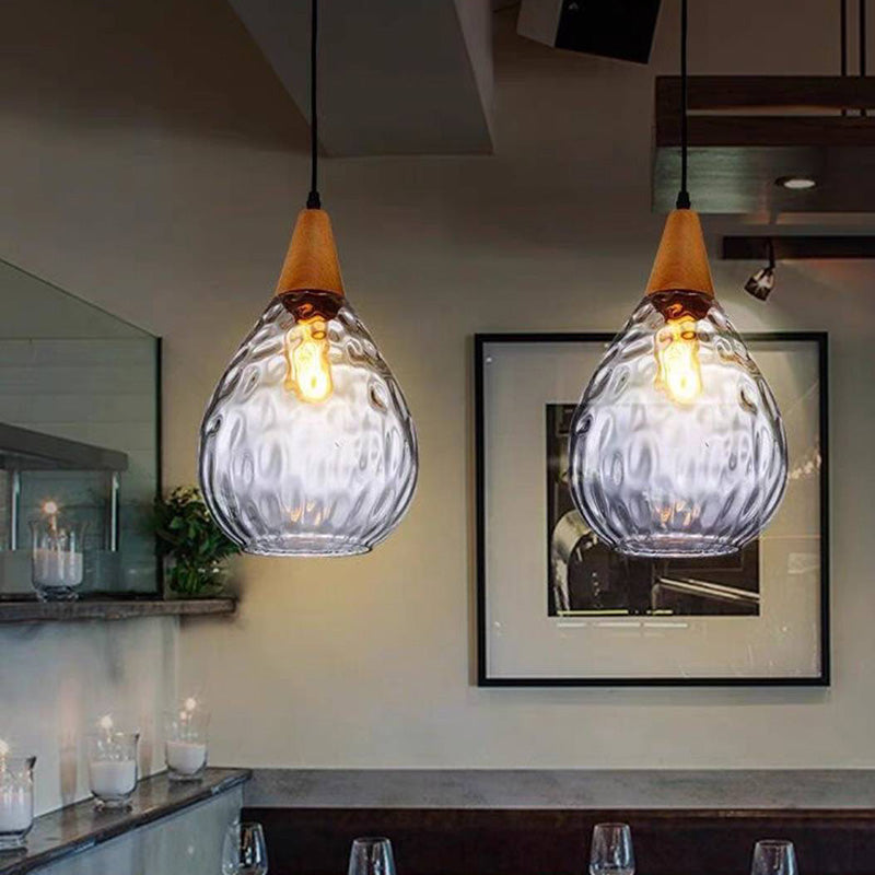 Glass & Wood Drop Ceiling Fixture with Adjustable Cord for Kitchen Island, Dining Room & Living Area | Hardwired E26 Socket | Indoor Overhea