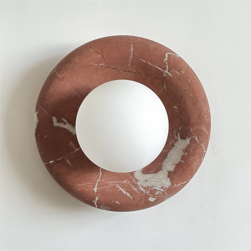 Round Glass Sconce with Natural Stone Backplate – 8-Inch Contemporary Fixture for Entryways, Bedrooms & Corridors