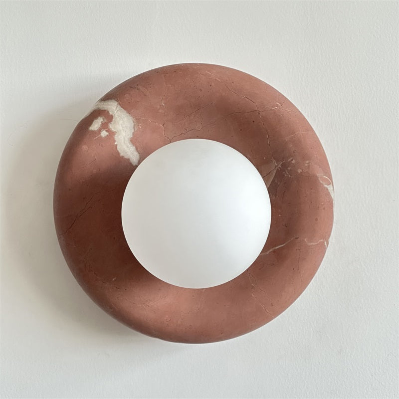 Round Glass Sconce with Natural Stone Backplate – 8-Inch Contemporary Fixture for Entryways, Bedrooms & Corridors