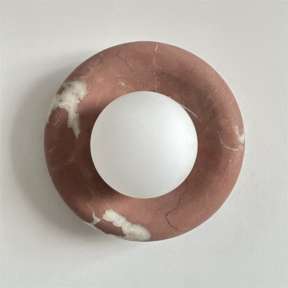 Round Glass Sconce with Natural Stone Backplate – 8-Inch Contemporary Fixture for Entryways, Bedrooms & Corridors