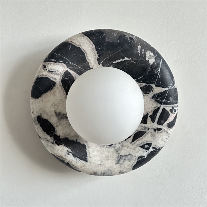 Round Glass Sconce with Natural Stone Backplate – 8-Inch Contemporary Fixture for Entryways, Bedrooms & Corridors
