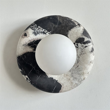 Round Glass Sconce with Natural Stone Backplate – 8-Inch Contemporary Fixture for Entryways, Bedrooms & Corridors