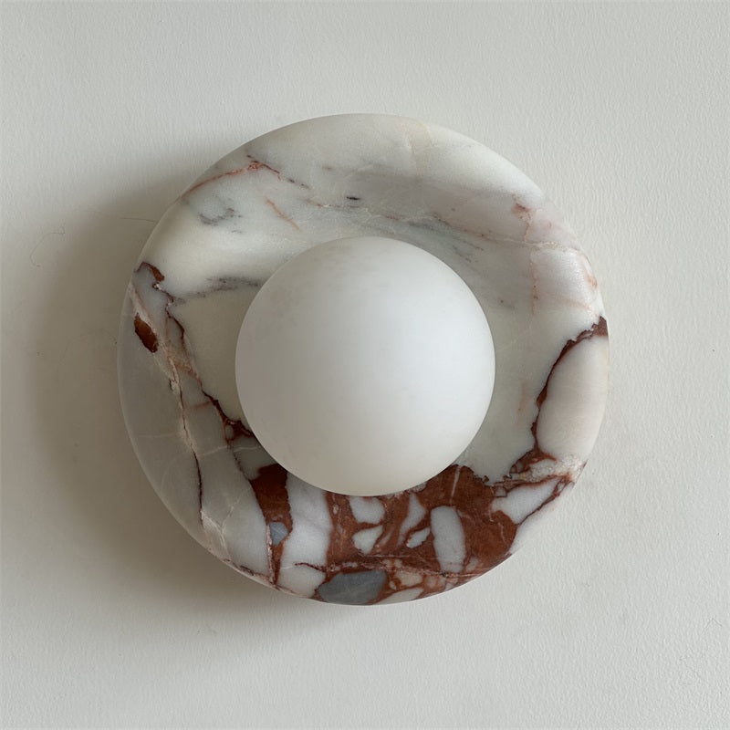 Round Glass Sconce with Natural Stone Backplate – 8-Inch Contemporary Fixture for Entryways, Bedrooms & Corridors