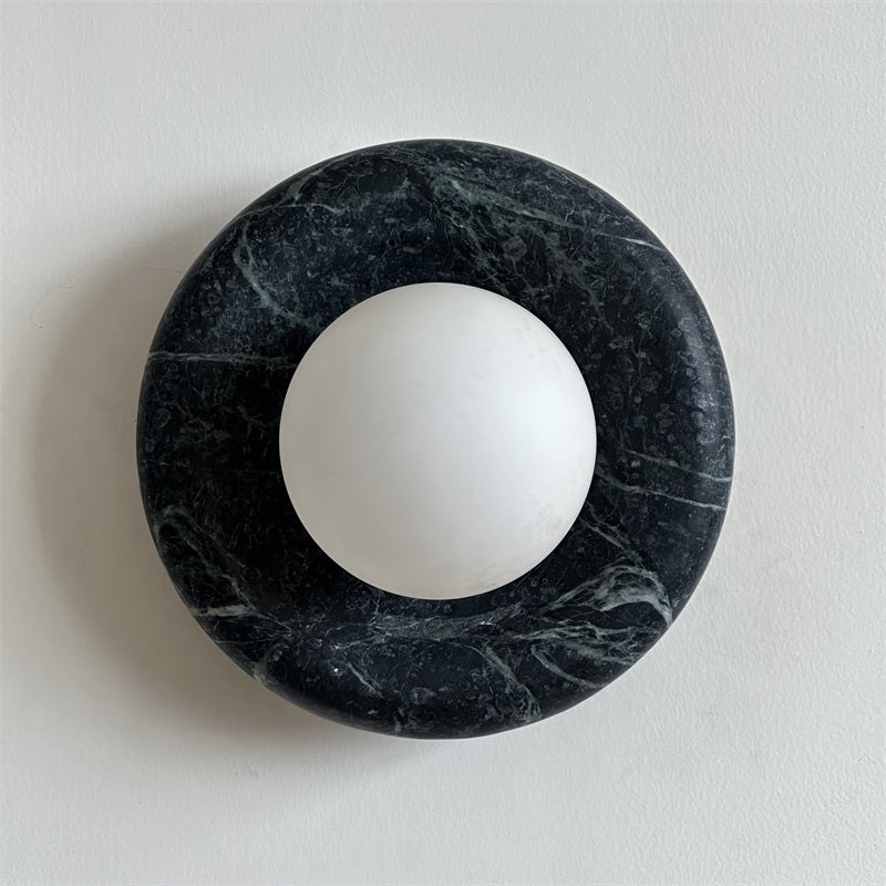 Round Glass Sconce with Natural Stone Backplate – 8-Inch Contemporary Fixture for Entryways, Bedrooms & Corridors