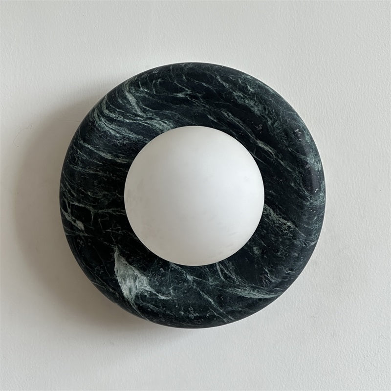 Round Glass Sconce with Natural Stone Backplate – 8-Inch Contemporary Fixture for Entryways, Bedrooms & Corridors