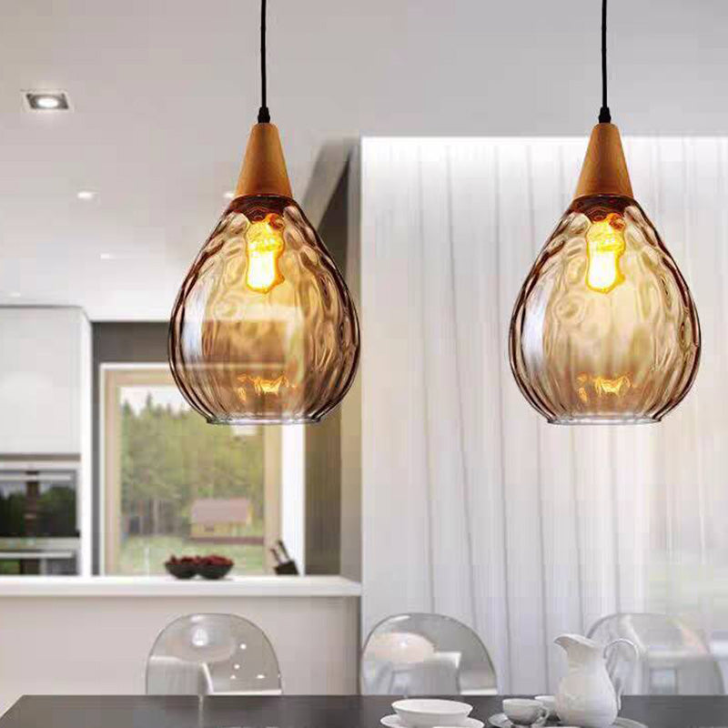 Glass & Wood Drop Ceiling Fixture with Adjustable Cord for Kitchen Island, Dining Room & Living Area | Hardwired E26 Socket | Indoor Overhea