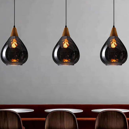Glass & Wood Drop Ceiling Fixture with Adjustable Cord for Kitchen Island, Dining Room & Living Area | Hardwired E26 Socket | Indoor Overhea