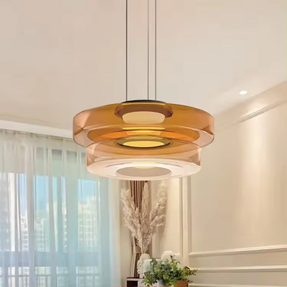 Tiered Glass Hanging Fixture 12 in Amber for Dining Tables Kitchen Islands Contemporary Statement Overhead Illumination