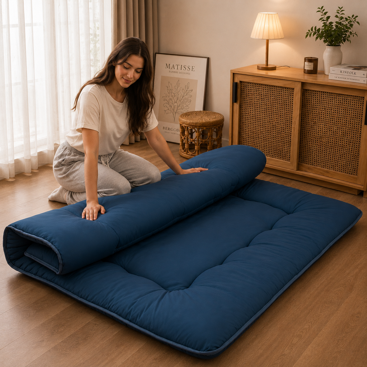 Foldable Floor Mattress 4-Inch Thick Quilted Sleeping Pad Roll-Up Guest Bed Tatami-Style Mat for Bedroom Dorm Meditation Adults Kids