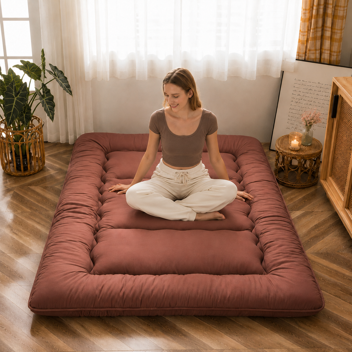 Japanese Floor Bed, 4 Inch Thick Futon Mattress, Foldable Tatami Sleeping Pad, Roll Up Floor Bed for Adults & Kids