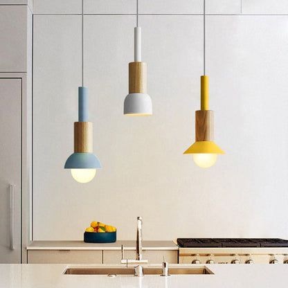 Wooden Pendant Light with Colorful Shade Scandinavian Modern Ceiling Fixture for Kitchen Dining Room Bedroom E26 Hardwired