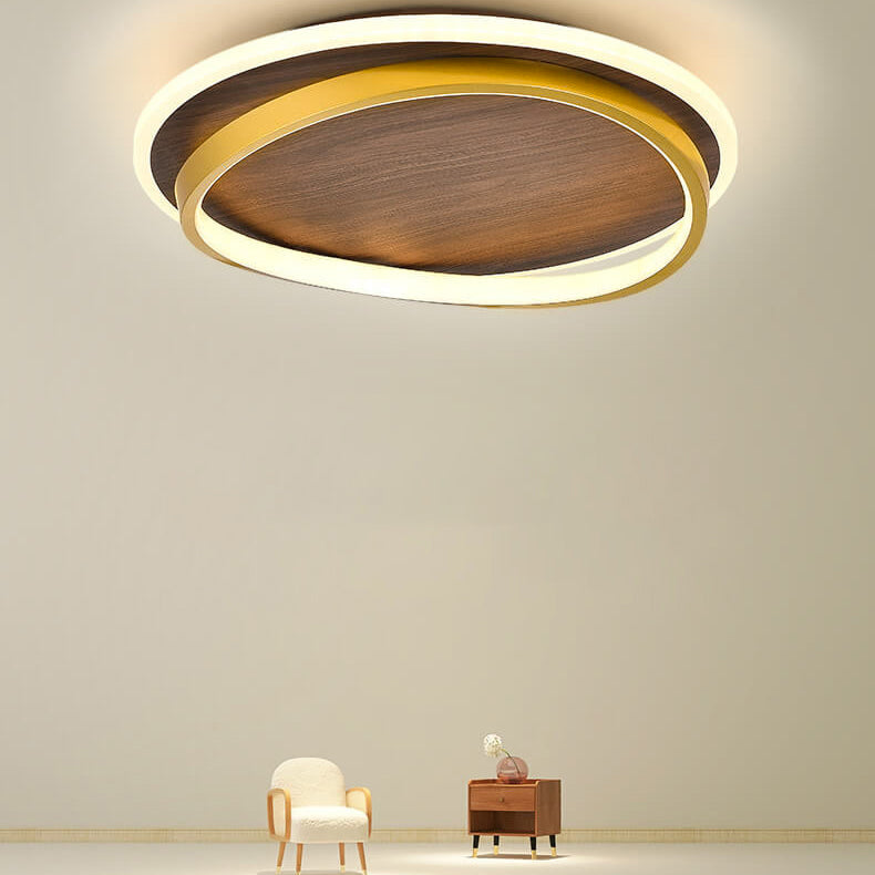 Round Flush Mount Ceiling Light with Wood-Grain Finish & Integrated LED for Living Room, Bedroom, Kitchen