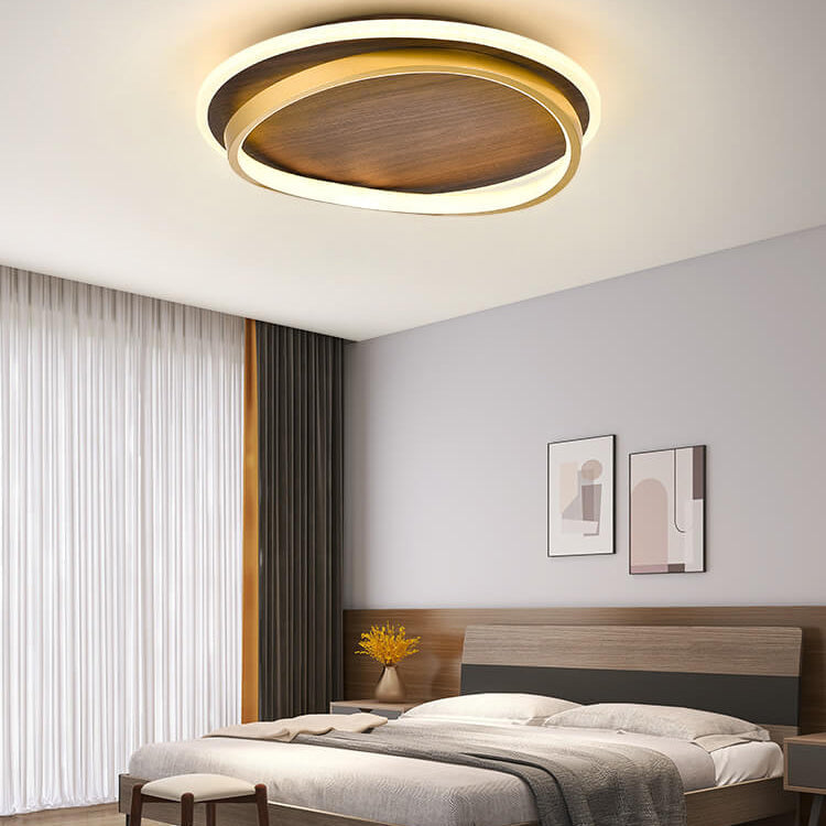 Round Flush Mount Ceiling Light with Wood-Grain Finish & Integrated LED for Living Room, Bedroom, Kitchen