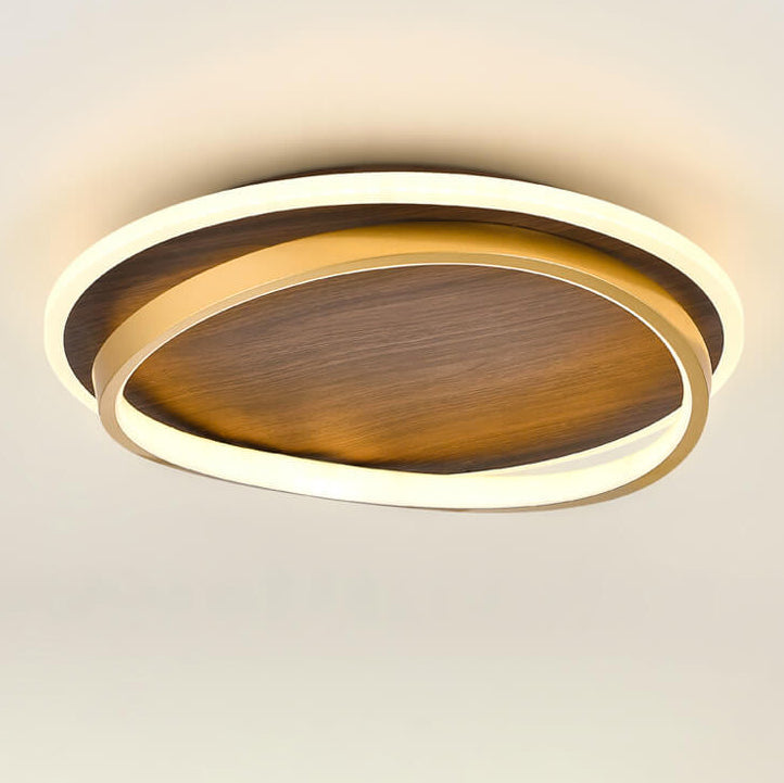 Round Flush Mount Ceiling Light with Wood-Grain Finish & Integrated LED for Living Room, Bedroom, Kitchen
