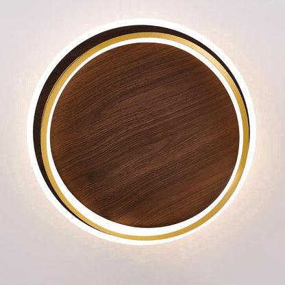 Round Flush Mount Ceiling Light with Wood-Grain Finish & Integrated LED for Living Room, Bedroom, Kitchen