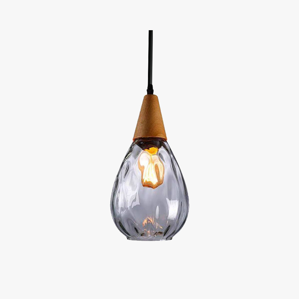 Glass & Wood Drop Ceiling Fixture with Adjustable Cord for Kitchen Island, Dining Room & Living Area | Hardwired E26 Socket | Indoor Overhea
