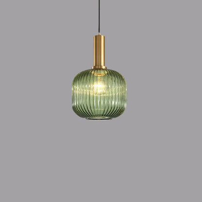 Ribbed Glass Cylinder Hanging Fixture Single-Bulb Suspension Lamp for Kitchen Island Dining Room Entryway