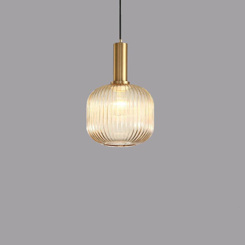 Ribbed Glass Cylinder Hanging Fixture Single-Bulb Suspension Lamp for Kitchen Island Dining Room Entryway