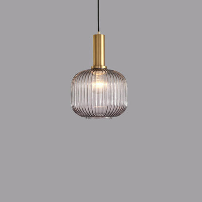 Ribbed Glass Cylinder Hanging Fixture Single-Bulb Suspension Lamp for Kitchen Island Dining Room Entryway