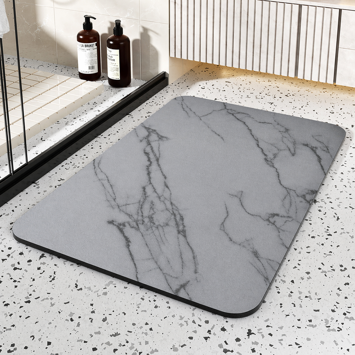 Stone Bath Mat Quick Dry, Diatomaceous Earth Bath Mat Non Slip with Rubber Base Marble Design, Bathroom Mat for Shower