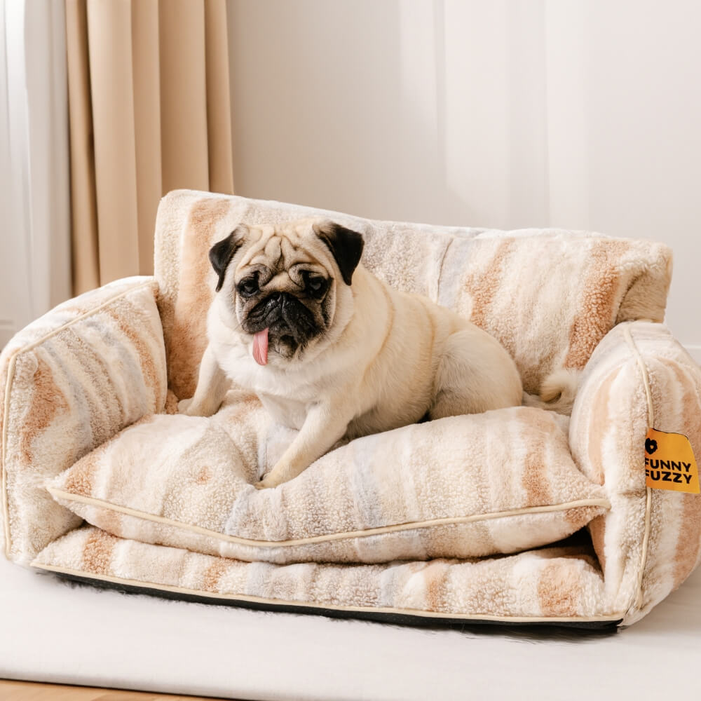 Plush Pet Couch with Washable Cover - Dual-Layer Cushioned Lounger for Dogs & Cats - Striped Fleece Nap Spot