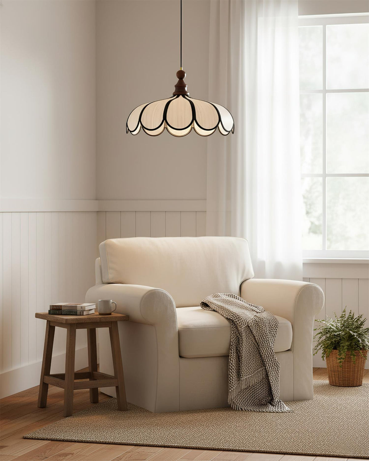Woven Fiber Dome Ceiling Fixture with Wood Trim – 16 to 24 Inch Sizes – Adjustable Drop Suspension for Kitchens, Breakfast Nooks & Dining Ar