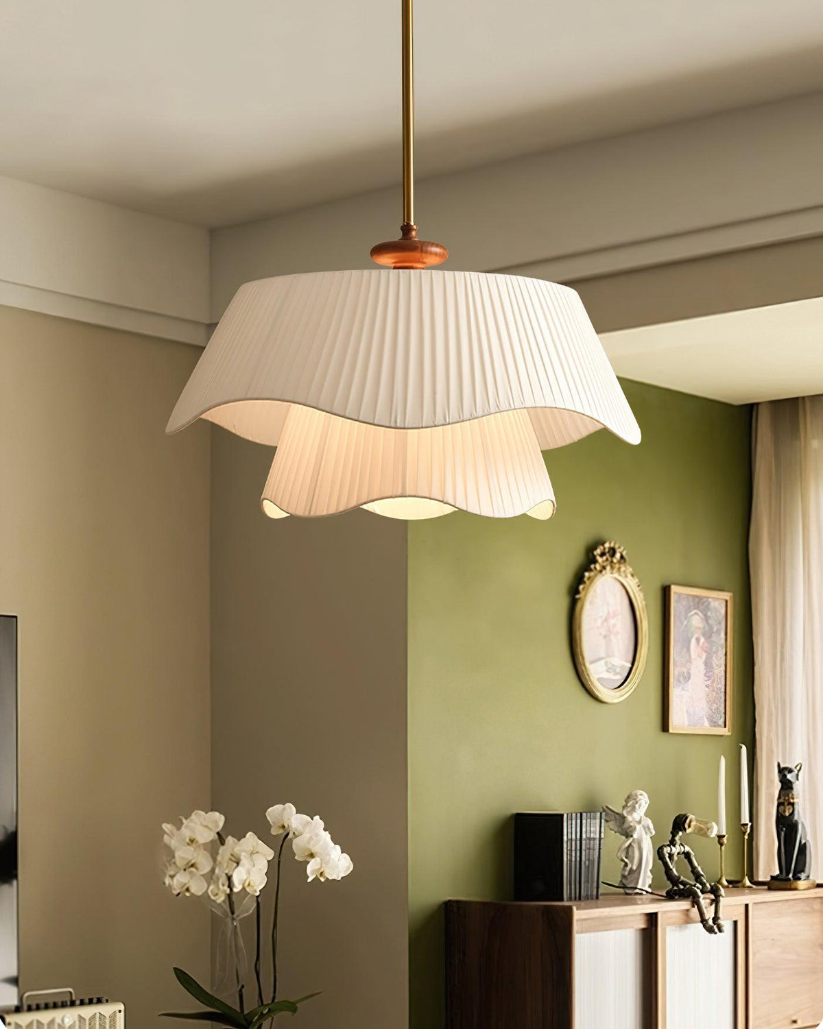 Layered Fabric Drum Pendant Light 10 in Dining Room Farmhouse Style Ceiling Fixture Bedroom Kitchen Island Wood Accent Hanging Lamp E26 Sock