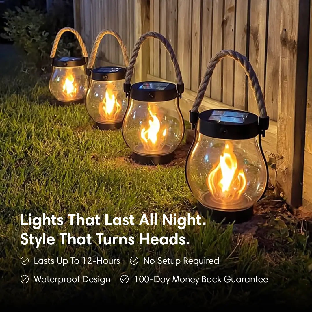 Outdoor LED Flame Lantern Solar Powered Hanging Light Waterproof Garden Patio Decor 11 Inch with Dusk to Dawn Sensor for Balcony Yard Deck