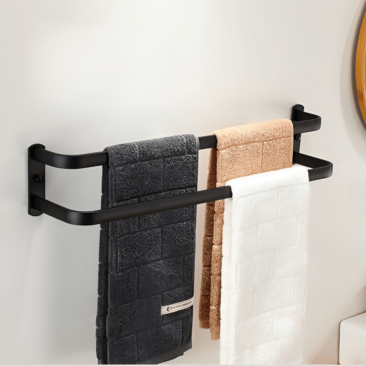 Wall-Mount Aluminum Bathroom Bar for Hand Towels & Washcloths – Black Triple-Rail Storage for Shower, Laundry & Kitchen – Space-Saving Dryin