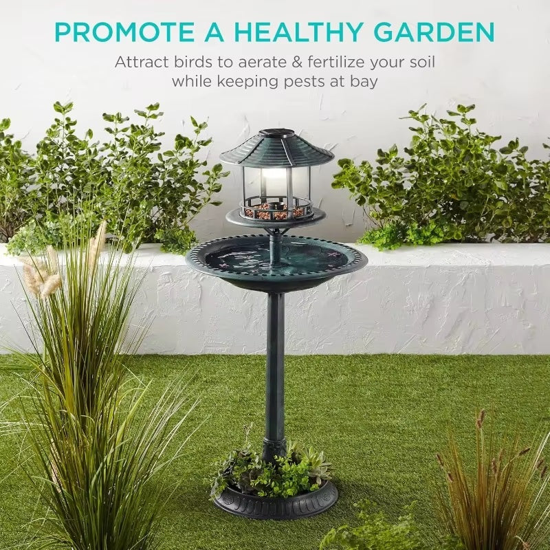 Ortekor Elegant Solar Bird Bath Fountain with Integrated Planter & LED Light for Eco-Friendly Gardens