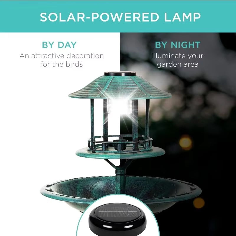 Ortekor Elegant Solar Bird Bath Fountain with Integrated Planter & LED Light for Eco-Friendly Gardens