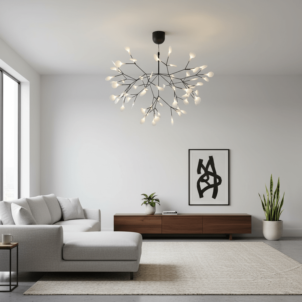 Branching LED Chandelier with Acrylic Petals Black Finish 20W Integrated Light Dimmable Remote Option Modern Statement Fixture Indoor Living
